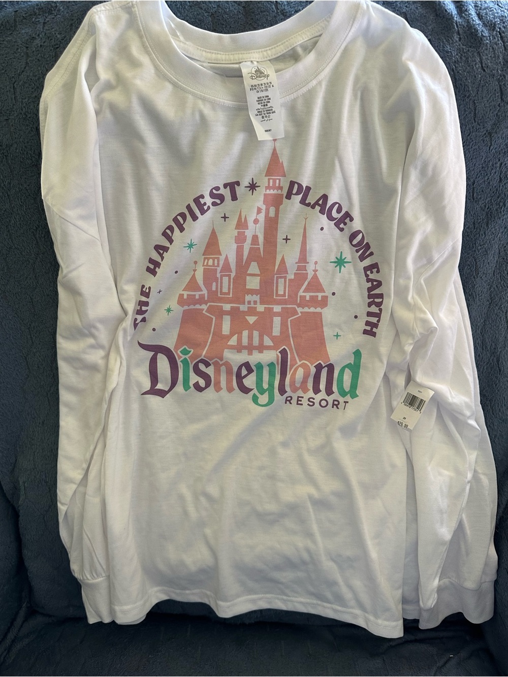 Disney White Long Sleeve Tee with Pink Castle and Multicolor Disneyland Logo